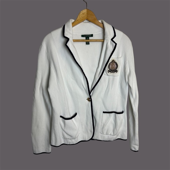 Vintage Ralph Lauren L Women Blazer Black Trim Academy Collegiate Timeless Logo - Picture 1 of 15